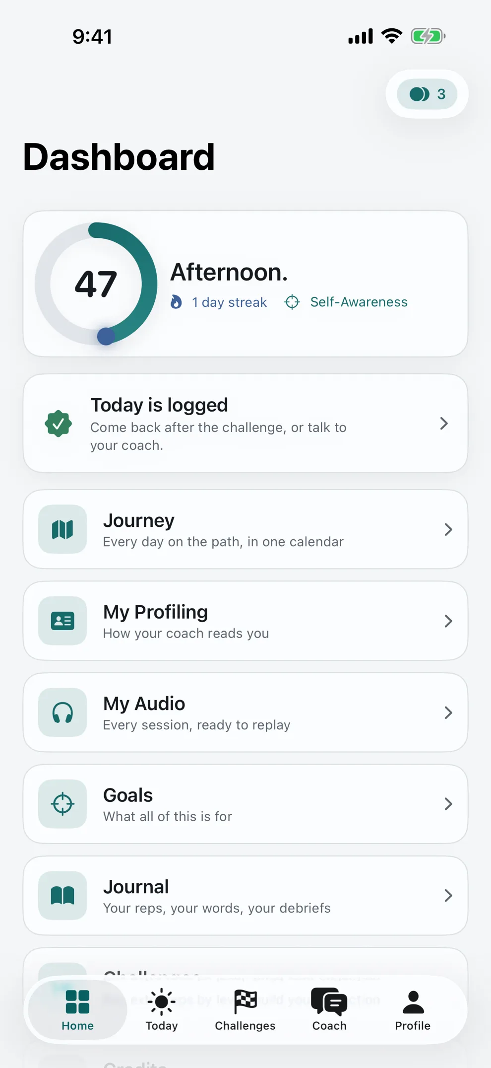 Progress tab with trends and streak calendar